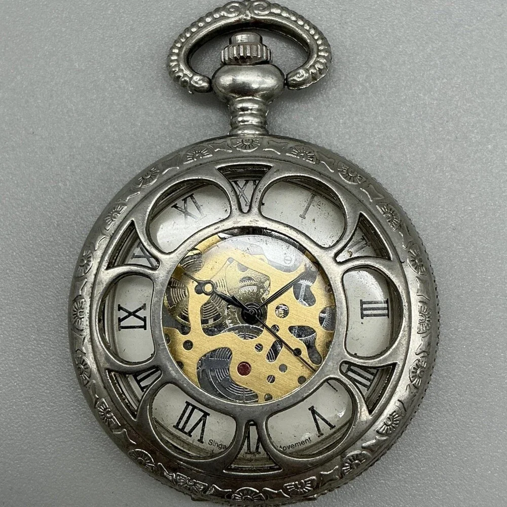 Kansas City Railroad Pocket Watch Men 47mm Silver Tone Skeleton Manual